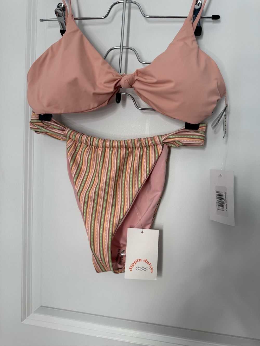 Dippin' Daisy's Pastel pink top and Bikini Bottoms in Pink and Green stripe